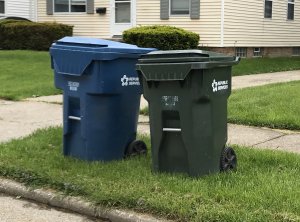 A trash and recycling bin along the curb.