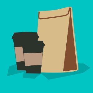 turquoise background with clipart of two to-go coffee containers and a brown bag lunch