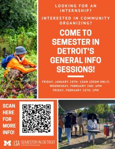 Looking for an internship? Come to Semester in Detroit's Info Sessions! Scan the QR code to register.