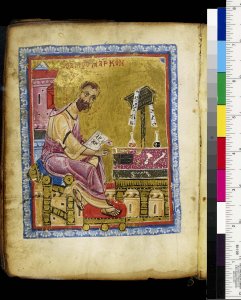 The evangelist Mark with writing tools, from Mich. Ms. 22, 83v, Gospels, 11th century. Photo by Randal Stegmeyer.