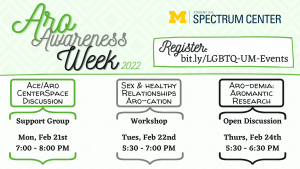 The Aro Awareness Week event lineup: Ace/Aro CenterSpace Discussion on Monday, February 21 from 7 to 8 PM; Sex & Healthy Relationships in Tuesday, February 22nd from 5:30 to 7 PM; and Aro-demia: Aromantic Research Overview and Discussion on Thursday, February 24th from 5:30 to 6:30 PM. The Aro Awareness Week event lineup: Ace/Aro CenterSpace Discussion on Monday, February 21 from 7 to 8 PM; Sex & Healthy Relationships in Tuesday, February 22nd from 5:30 to 7 PM; and Aro-demia: Aromantic Research Overview and Discussion on Thursday, February 24th from 5:30 to 6:30 PM.