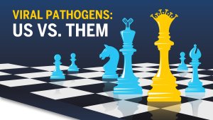 Illustration of a chess board with text: Saltiel Life Sciences Symposium, Viral Pathogens: Us vs. Them