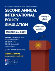 Flyer for BlueMUN's International Policy Simulation