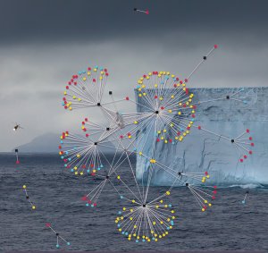 Ocean and iceberg, helicopter flying over and a diagram superimposed over the top