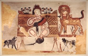 watercolor of a mural from ancient Karanis
