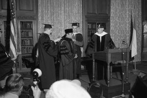 President of Indonesia, Dr. Sukarno, receives a U-M honorary degree; Ann Arbor News, May 29, 1956.