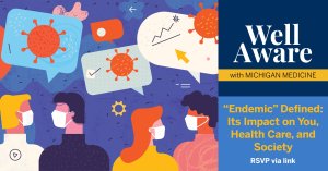 Well Aware "Endemic" promotional illustration - people in masks with thought bubbles and coronavirus particles