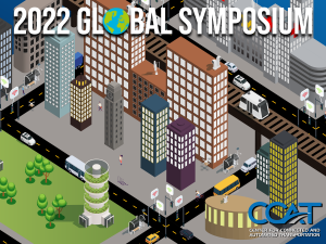 Decorative Image for the 2022 CCAT Global Symposium. It features a 3-D animated city with several forms of transportation and text that reads '2022 Global Symposium' with the CCAT logo in the bottom right.