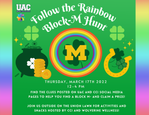 Green background with pots of gold coins, horseshoes, four leaf clovers, a block M with a rainbow circling it.