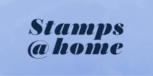 Navy text on light blue background reading &quot;Stamps at Home&quot;