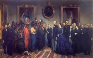 French battle-field painter Jean Adolphe Beaucé depicts the 1865 meeting between Maximilian and the Kickapoo embassy which had traveled to Mexico City.