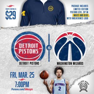 Detroit Pistons/U-M College Night showing basketball player and quarter zip.