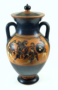 Attic black figure vase with Herakles
