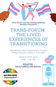 Have questions about transitioning or hormone therapy? Bring your questions to this Q&A! No additional details.