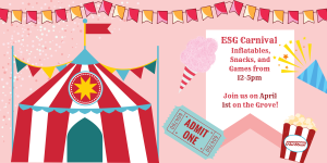 Pink graphic with icons representing a carnival such as a ticket, tent, popcorn, and cotton candy