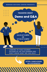 A yellow background with a boy and a girl each with speech bubbles wondering about transfer credit