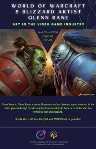 Flyer for Glenn Rane's Speaker Event on April 12th, hosted by DigiPaint Club