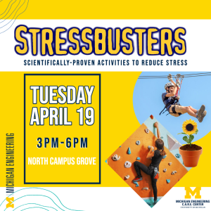 yellow stressbusters flyer with event details and image of a person riding a zip line and climbing a rock wall.