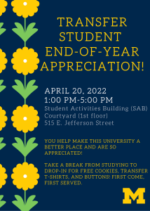 Transfer student appreciation day flyer describing time, location, and event details.