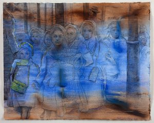 Image of a print by Ruth Weisberg, showing a group of young women in coats and headscarfs.  The image is layered with bands of color, notably a blue field that covers the figures completely.