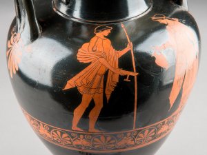 Greek amphora depicting a soldier departing for war