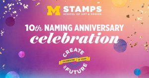Text reads 10th Naming Anniversary Celebration, with Stamps logo on colorful background