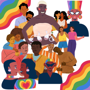 Illustrations of queer and tans people of color smiling, holding hands, interacting with their partners. There are rainbows in the corners of the background.