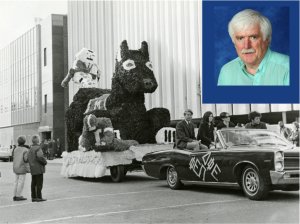 Black-and-white image of a homecoming float; Greg Kinney's headshot in the top right corner.