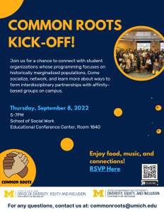 Maize and Blue Flyer with image of Common Roots logo and group photo of the Common Roots representatives.