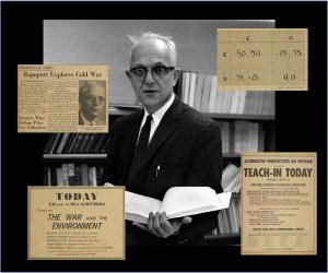 Black and white image of Anatol Rapoport with surrounding newspaper clippings.