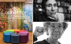 On the left half is an image of the Connector lobby, with a multicolored wall with "The Connector: connection to culture and community" in white lettering and a multicolored circle of ottomans. The other half of the image is split in two, with black and white photos, the top of Edward Said and the bottom of Yuri Kochiyama.
