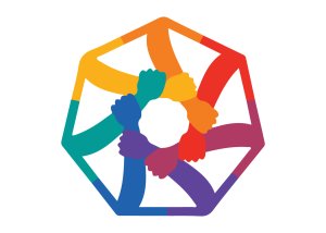 multicolored interlaced hands forming a heptagonal circle