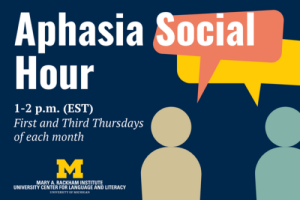 Graphic displaying language reading: "Aphasia Social Hour, 1-2 pm (EST), First and Third Thursdays of each month.