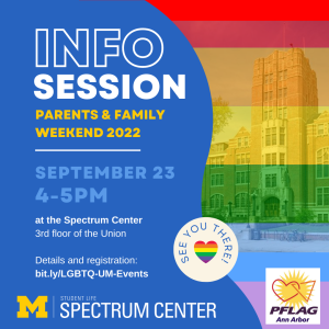 Flyer promoting an Info Session for Parents & Family Weekend 2022 on September 23 from 4-5pm at the Spectrum Center on the 3rd floor of the Union. The link for more details and registration is bit.ly/LGBTQ-UM-Events. Text with these details is displayed on a blue background, with a semi-transparent picture of the Michigan Union overlaid on a rainbow background next to it. Spectrum Center and PFLAG Ann Arbor logos are displayed at the bottom, along with a circle sticker with a rainbow heart in the middle that says "See you there!"