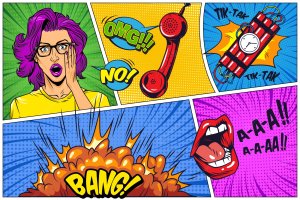 A comic strip featuring a surprised woman, a ticking bomb, a set of red lips, and a telephone.