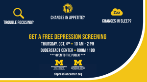Blue image with maize and white text stating: get a free depression screening