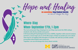Flyer with details of event written in purple and teal on a light gray background. Purple and Teal suicide prevention ribbon on the left of the flyer. CAPS maize and blue logo in the bottom right corner of flyer.