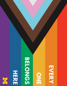 Image of the LGTBQIA+ flag with "every one belongs here" quoted along the color stripes