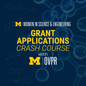 chemistry photo background with event title, "Grant applications crash course with M-OVPR"