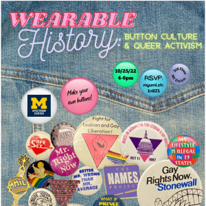 Multi-colored LGBT rights and pride button pins on a denim background. Script at the top says "Wearable History: Button Culture & Queer Activism" with event details on pins below: 10/25/22 from 4-6pm on the 3rd floor of the Michigan Union, RSVP at the link myumi.ch/1n8Z1.