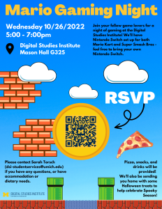 flyer depicting a Mario level, pizza slice, and an RSVP QR code