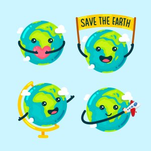 cartoon image of four planet earths each with a smiling face and hands holding different objects to signify love and environmentalism.