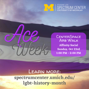 An Ace Week flyer promoting the CenterSpace Arb walk with the asexual pride flag waving in front of a sunset sky