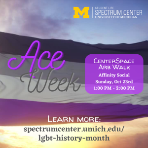 An Ace Week flyer promoting the CenterSpace Arb walk with the asexual pride flag waving in front of a sunset sky An Ace Week flyer promoting the CenterSpace Arb walk with the asexual pride flag waving in front of a sunset sky