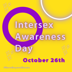 A yellow background with purple and white circles that reads in purple text "Intersex Awareness Day October 26th #BornBeyondBoxes"