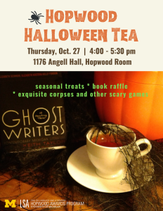 A spider hovers over a teacup next to a pumpkin and the book, Ghost Writers.