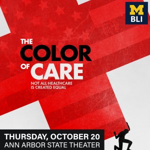 Color of Care Documentary Poster with a silhouette of a person carrying a large red cross on their back