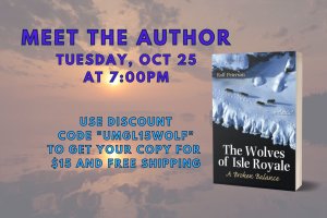 Cover of Wolves of Royale with text "Meet the Author, Tuesday, October 25 at 7:00 PM"