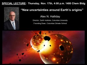 Alex Halliday will give a lecture on November 17 at 4pm.