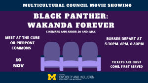 black panther showing, 5:30pm, 6pm, and 6:30pm pickup times from the Cube and Pierpont